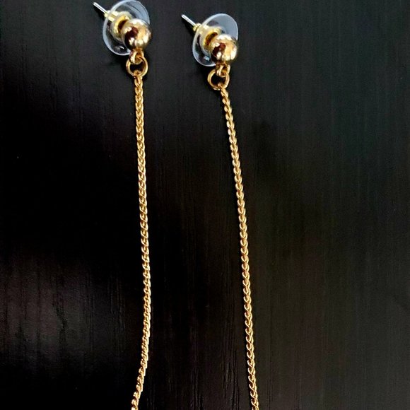BP Nordstrom Long Two Faux Pearl Gold Chain Dangle Pierced Earrings - Picture 2 of 5